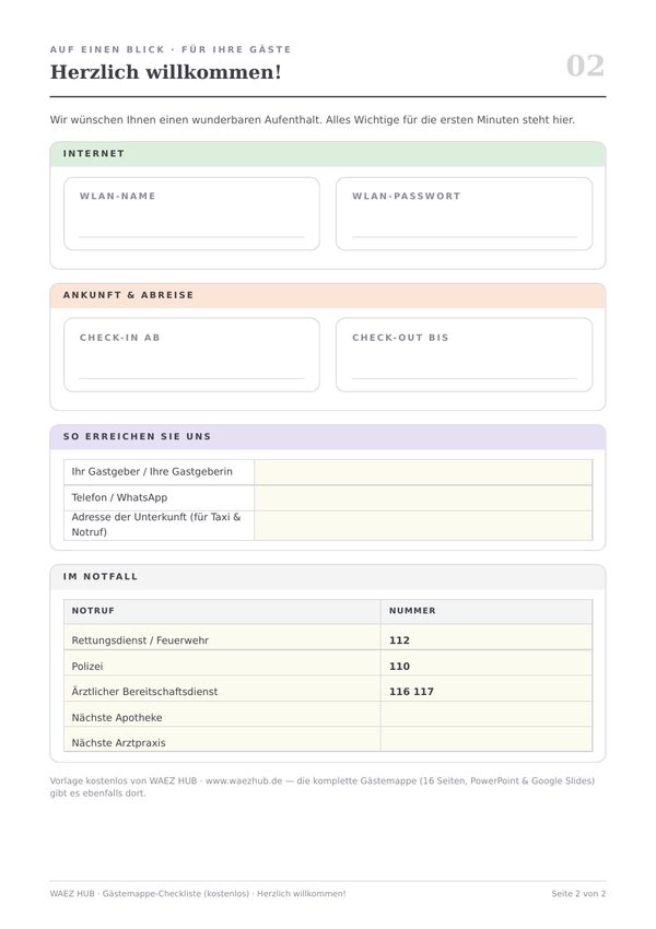 Gästemappe Vorlage kostenlos — Seite „Auf einen Blick“ mit WLAN, Check-in, Kontakt und Notruf