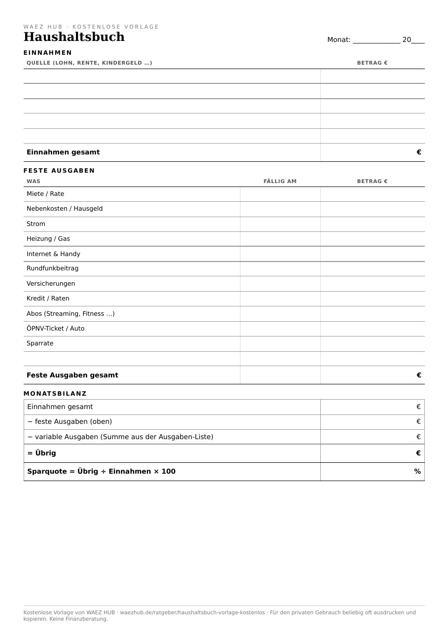 Haushaltsbuch Vorlage zum Ausdrucken — Seite 1: Einnahmen, feste Ausgaben mit Fälligkeit und Monatsbilanz mit Übrig und Sparquote