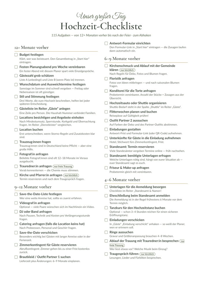 Hochzeit-Checkliste zum Ausdrucken — Seite 1: Aufgaben 12 Monate und mehr vorher