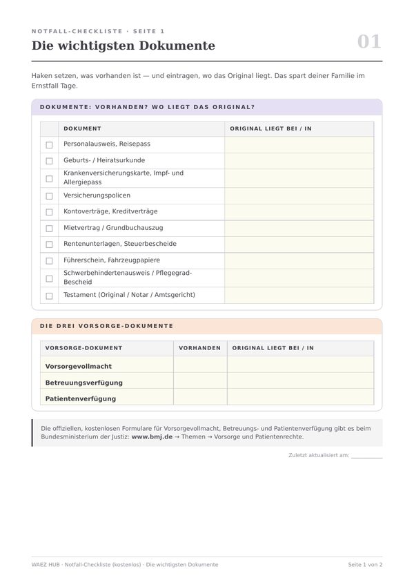 Notfall-Checkliste zum Ausdrucken — Seite 1: die wichtigsten Dokumente