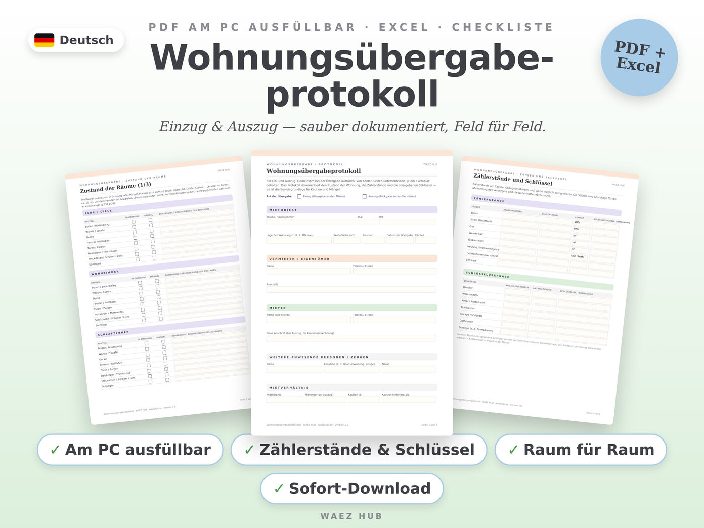Wohnungsübergabeprotokoll — ausfüllbares PDF, Excel und Checkliste
