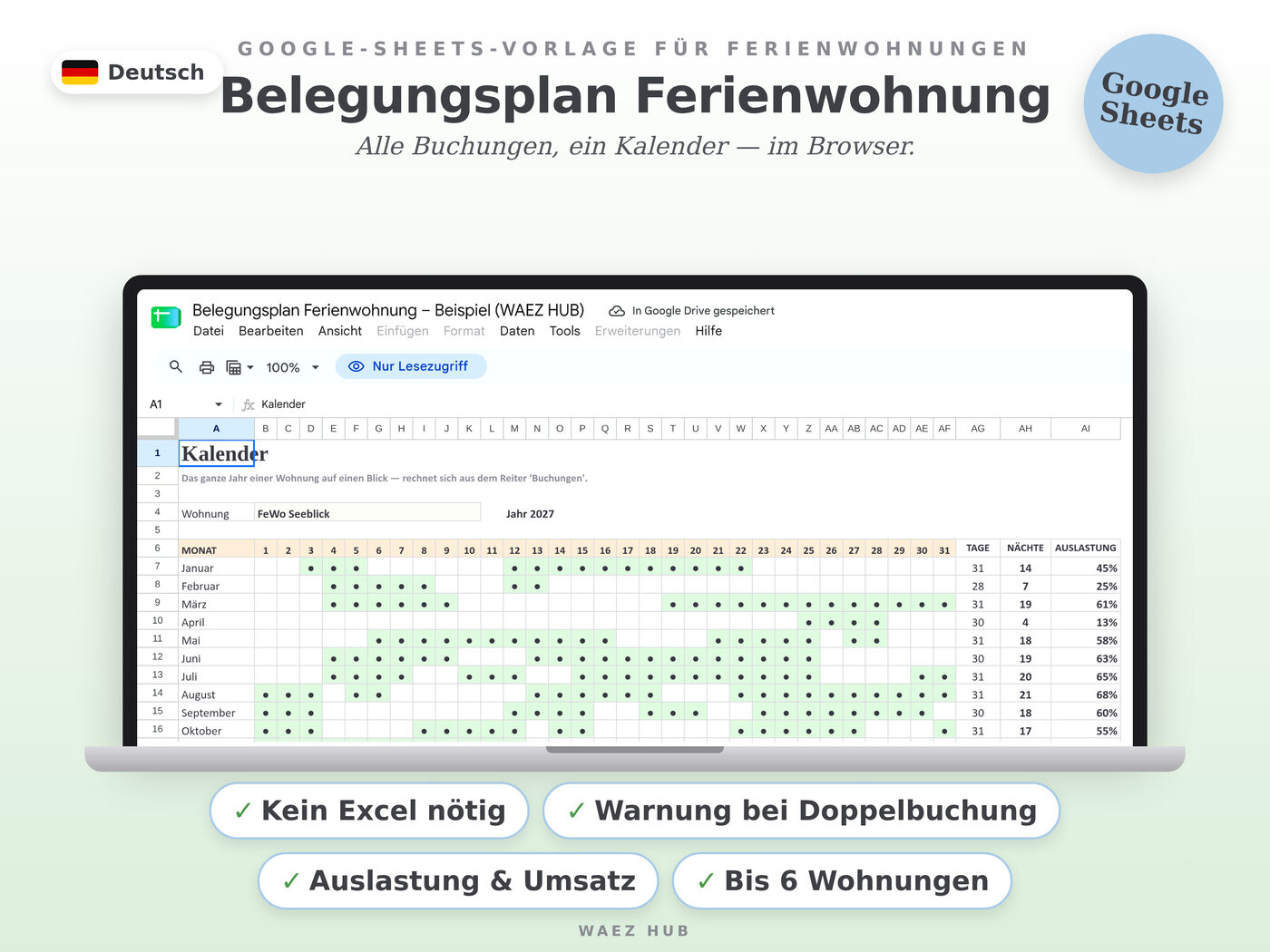 Belegungsplan Ferienwohnung für Google Sheets – Ansicht 1 von 8