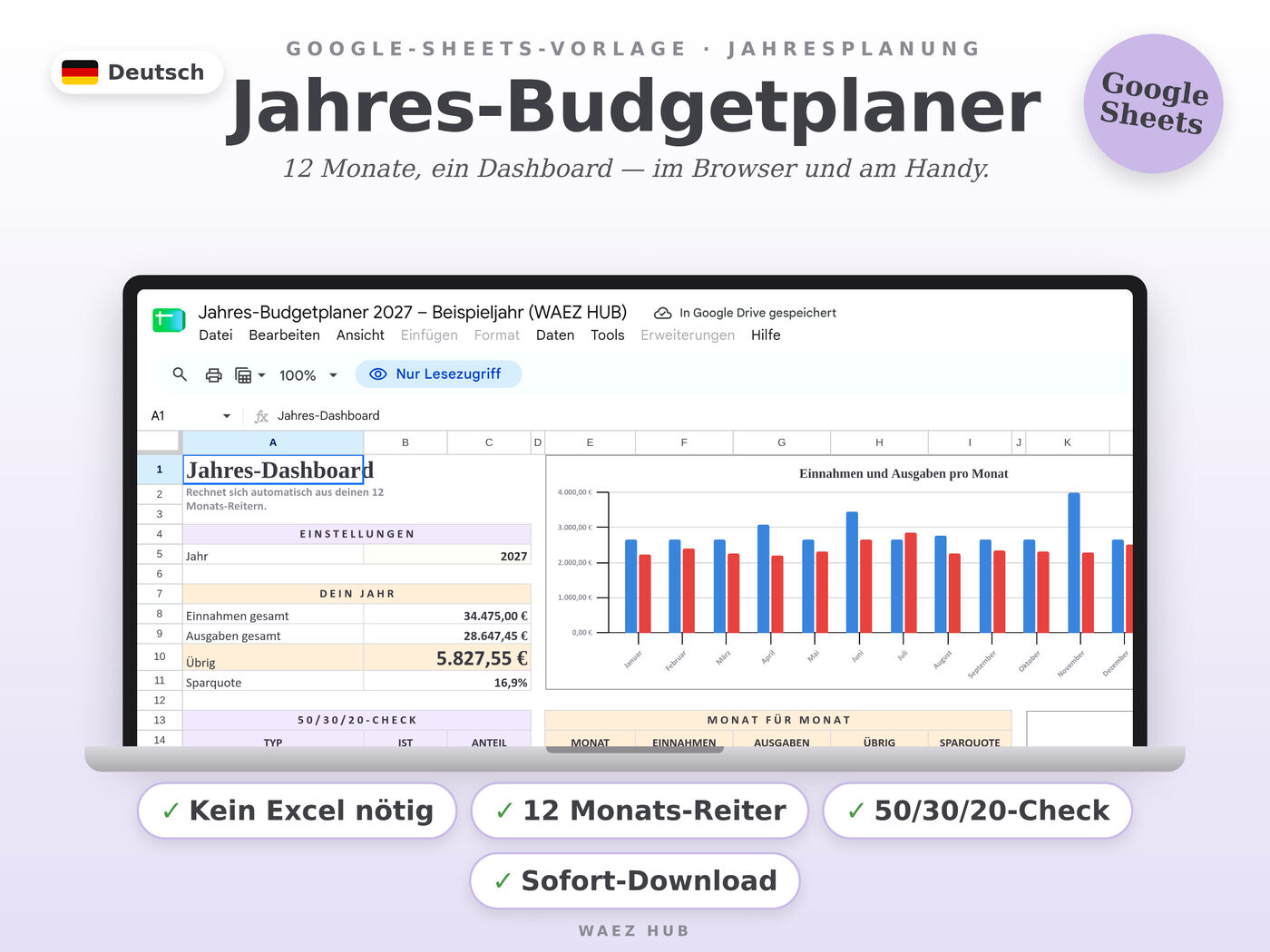 Jahres-Budgetplaner für Google Sheets – Ansicht 1 von 8