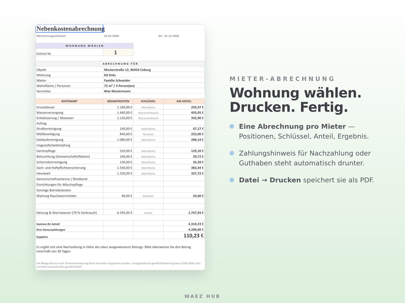 Nebenkostenabrechnung für Google Sheets – Ansicht 7 von 9