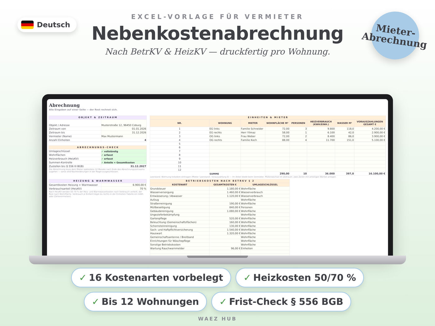 Nebenkostenabrechnung-Rechner – Ansicht 1